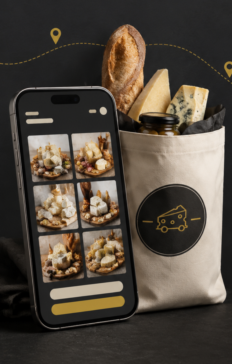هاتف يعرض منتجات GRAZE وحقيبة تحتوي أجبانًا وخبزًا